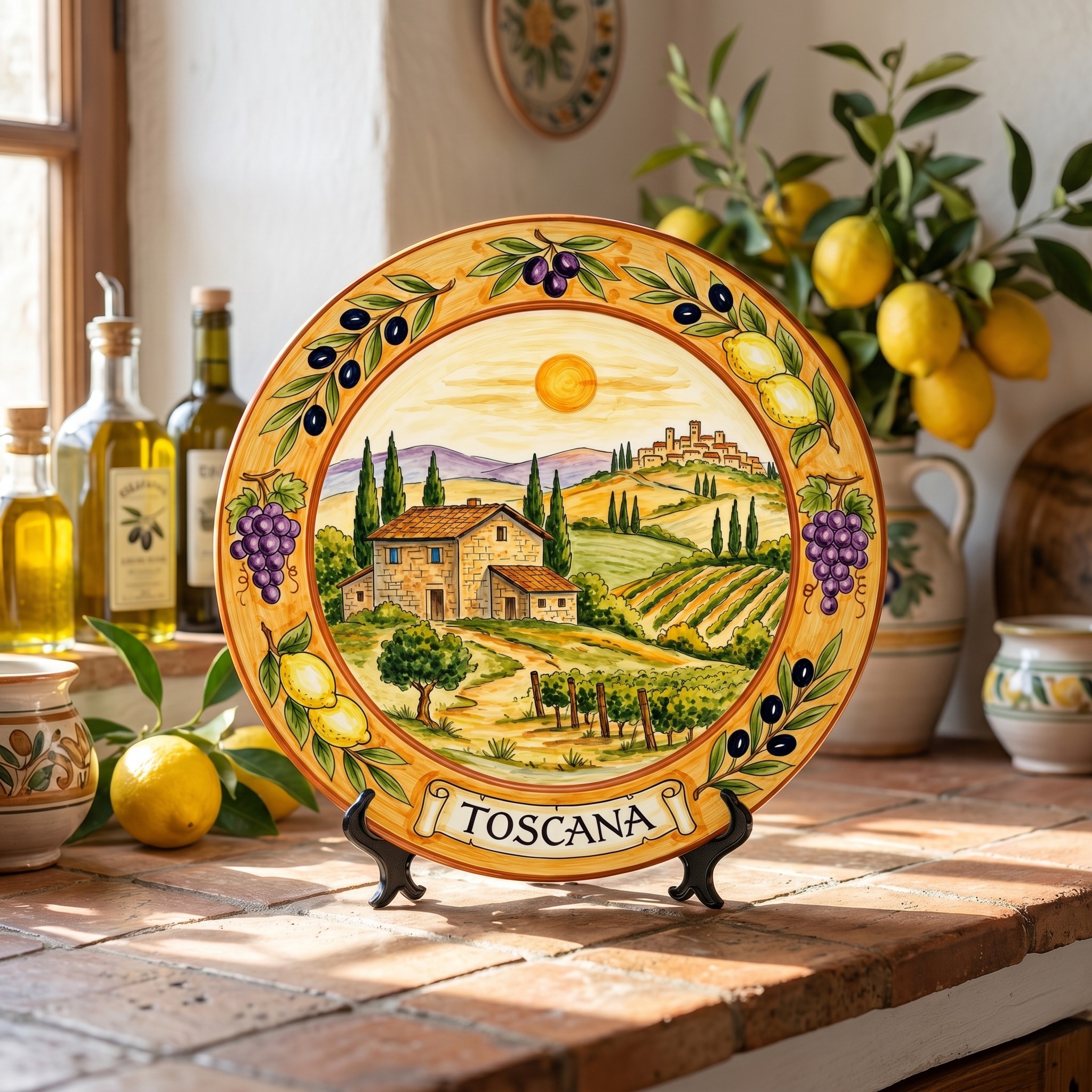 Tuscany Vineyard Landscape Decorative Ceramic Display Plate Lemon Grape Olive Motif Decor - Image 10