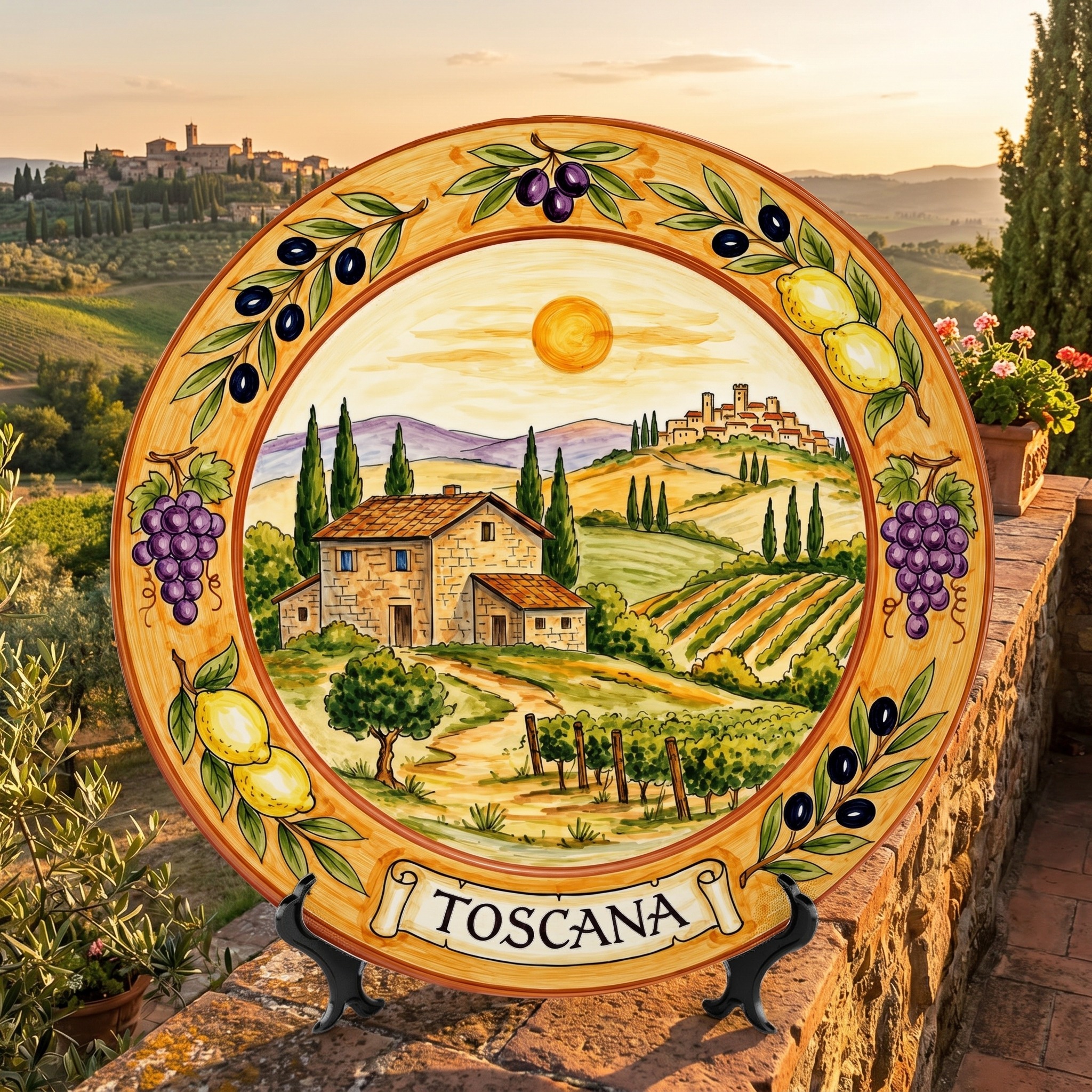 Tuscany Vineyard Landscape Decorative Ceramic Display Plate Lemon Grape Olive Motif Decor - Image 5