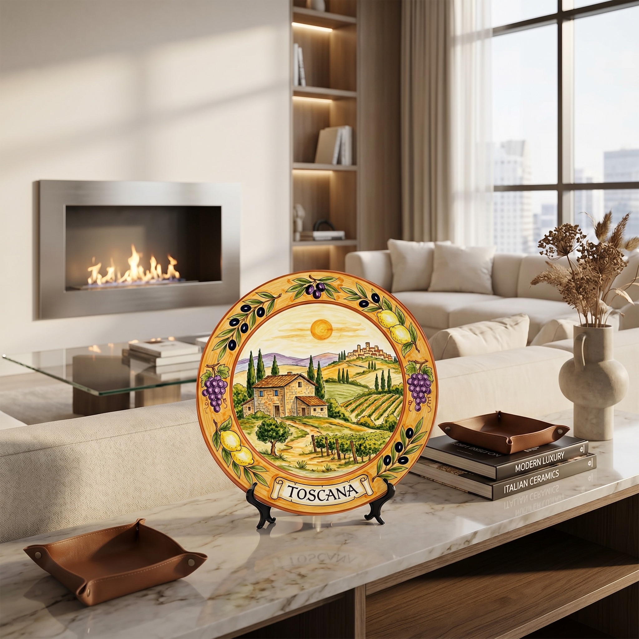 Tuscany Vineyard Landscape Decorative Ceramic Display Plate Lemon Grape Olive Motif Decor - Image 6