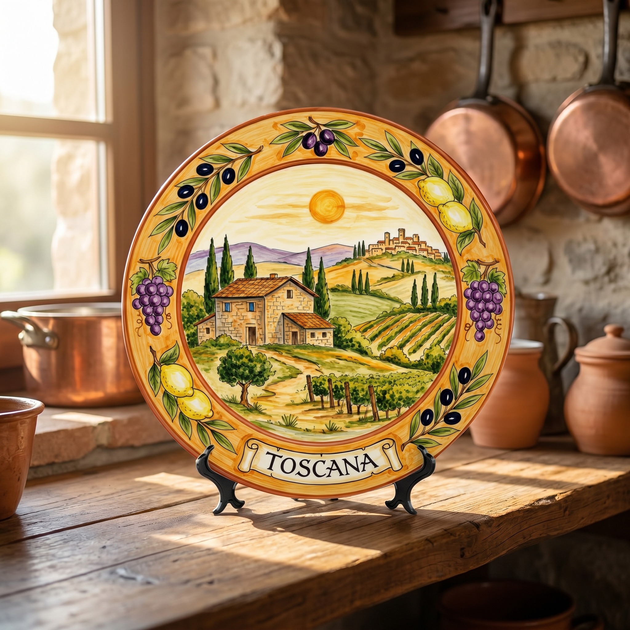 Tuscany Vineyard Landscape Decorative Ceramic Display Plate Lemon Grape Olive Motif Decor - Image 7