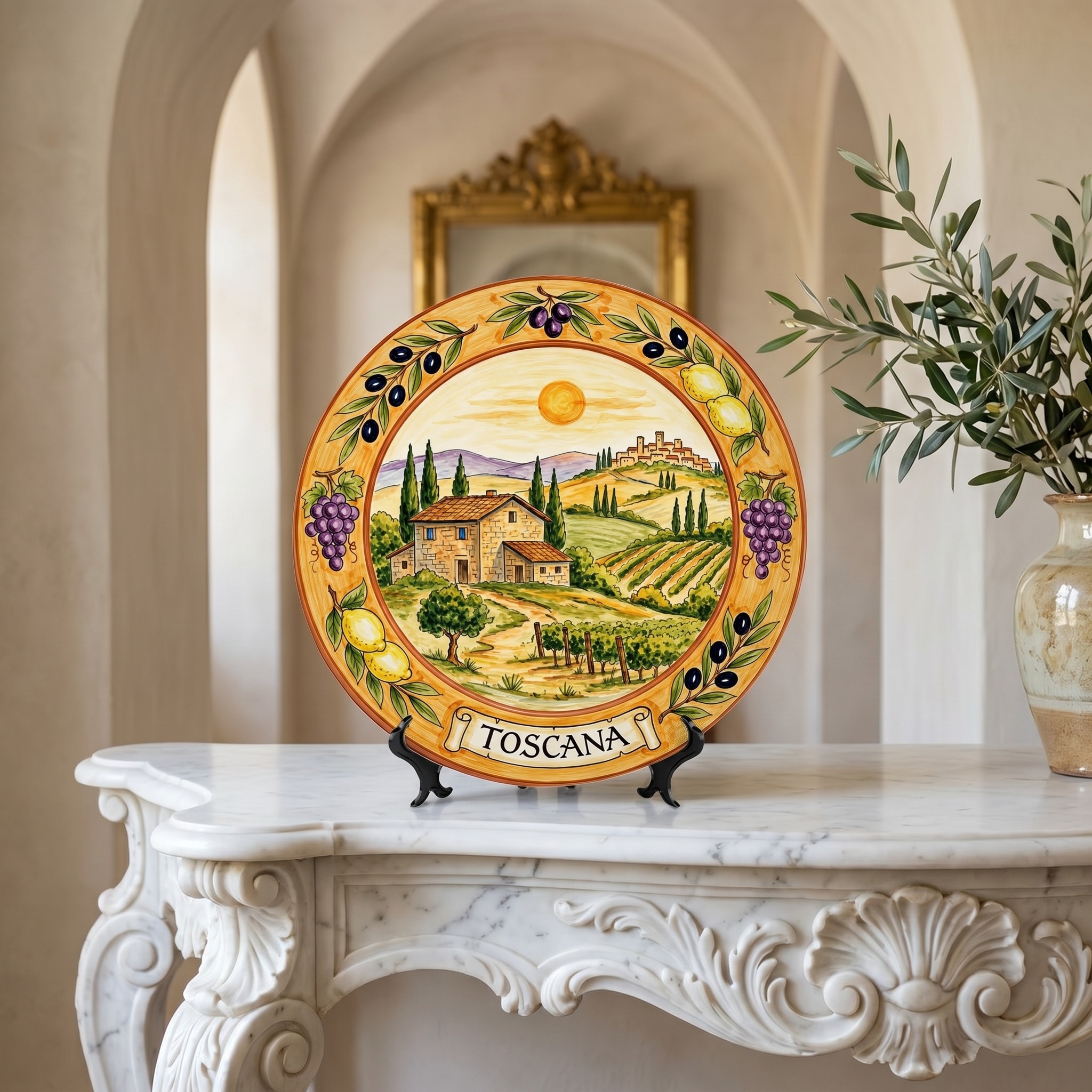 Tuscany Vineyard Landscape Decorative Ceramic Display Plate Lemon Grape Olive Motif Decor - Image 8