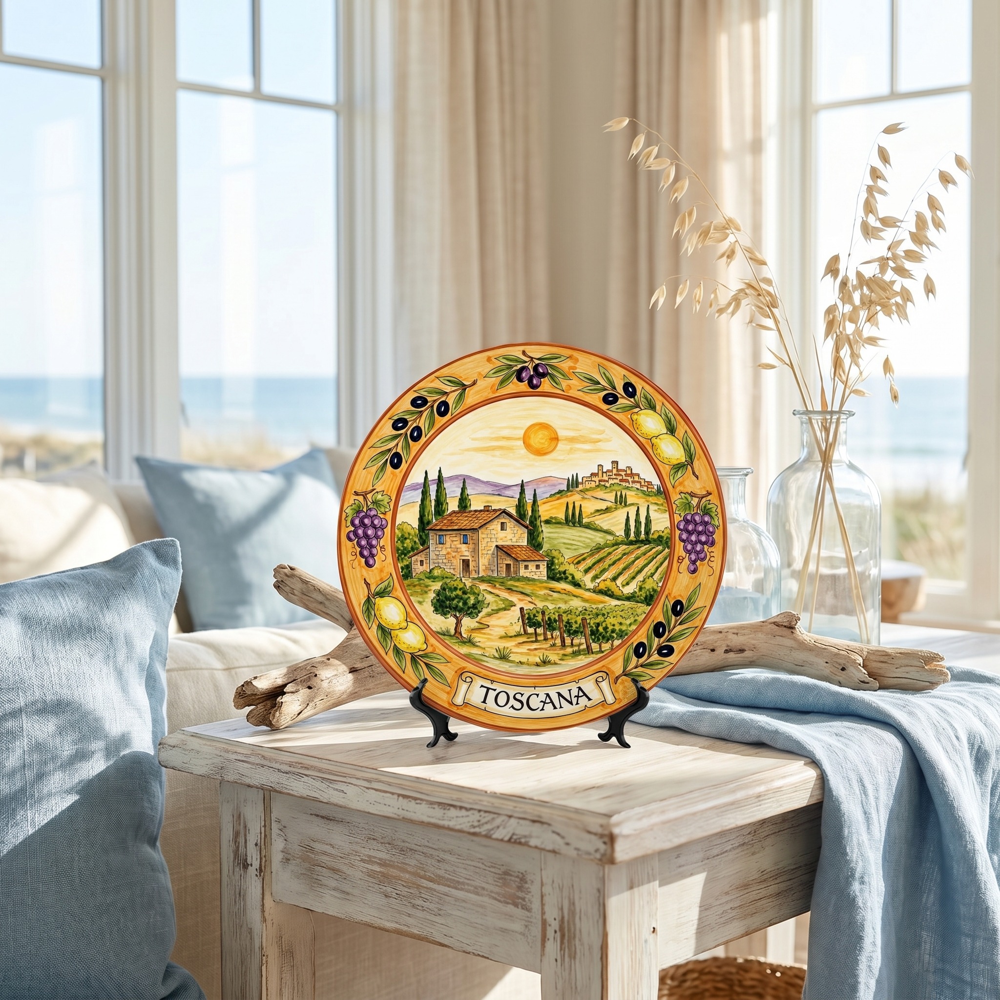 Tuscany Vineyard Landscape Decorative Ceramic Display Plate Lemon Grape Olive Motif Decor - Image 9