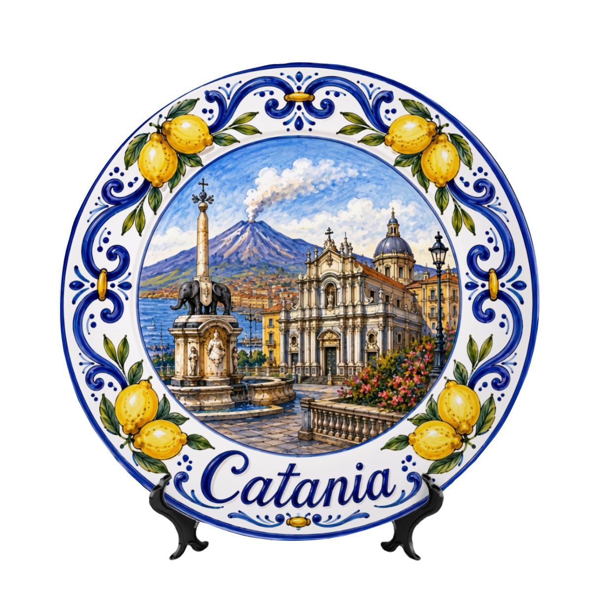 Catania Sicilia Italy Display Plate | Mediterranean Lemon Border Souvenir Decor