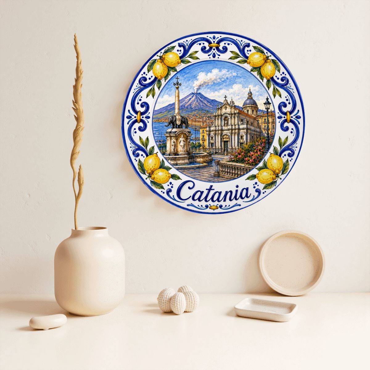 Catania Sicilia Italy Display Plate | Mediterranean Lemon Border Souvenir Decor - Image 2