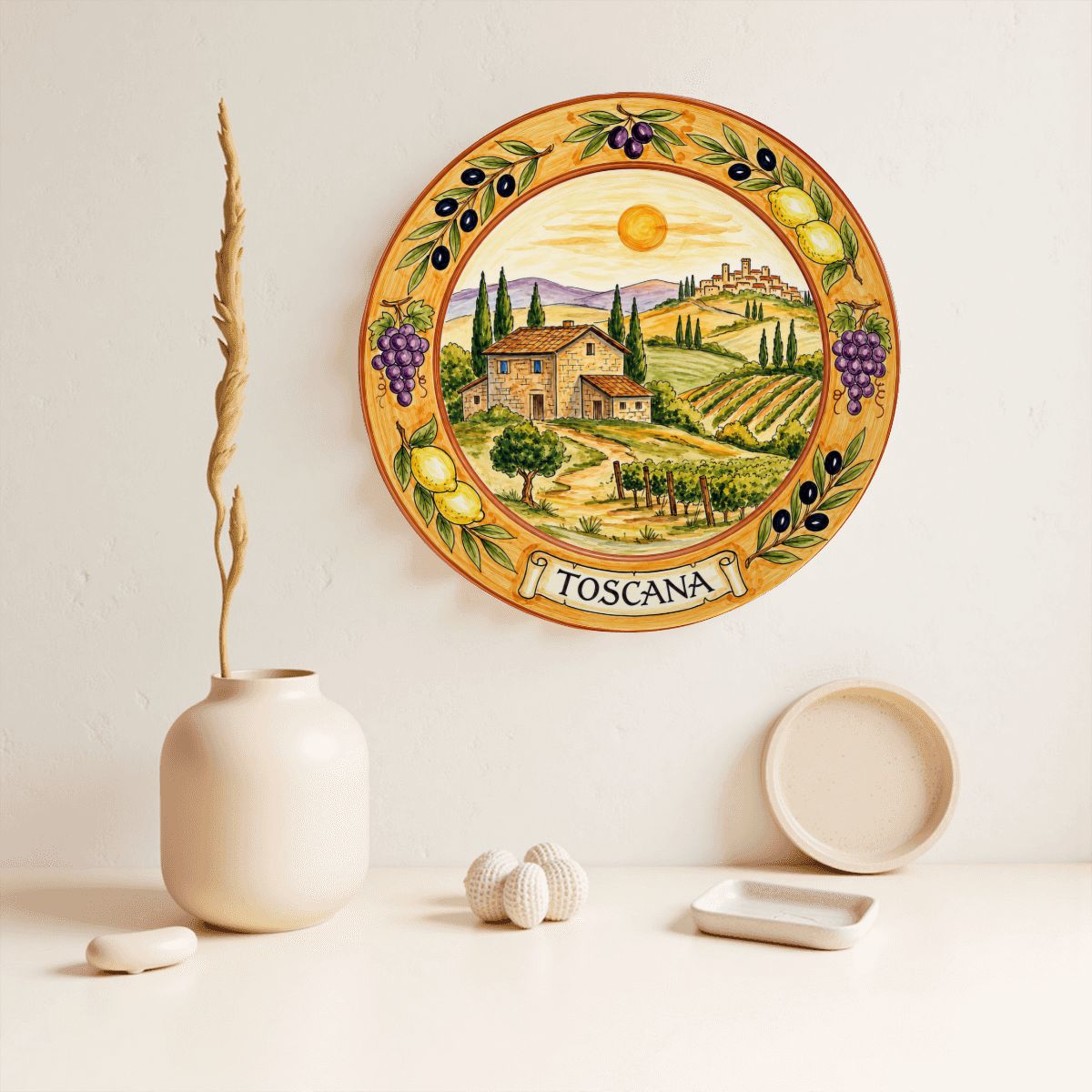 Tuscany Vineyard Landscape Decorative Ceramic Display Plate Lemon Grape Olive Motif Decor - Image 2