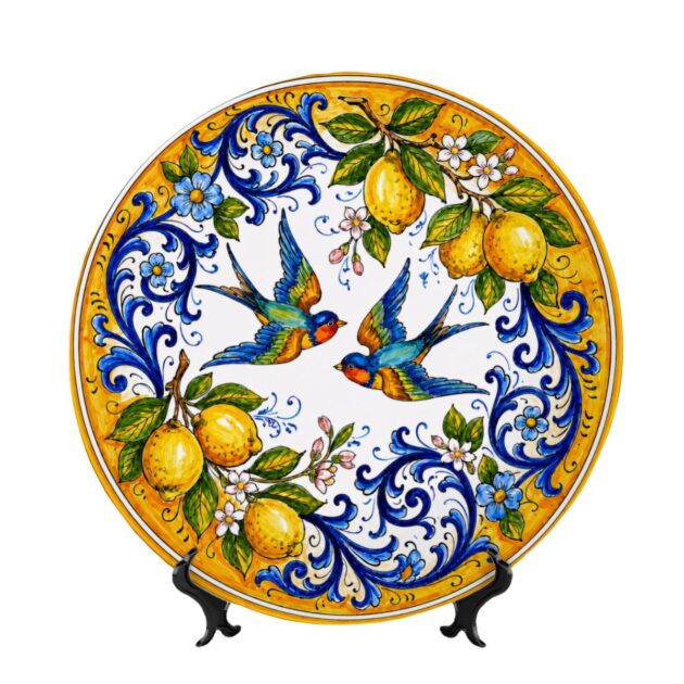 Italian Floral Bird Design Display Plate Inspired by Traditional Sicilian Majolica Decor