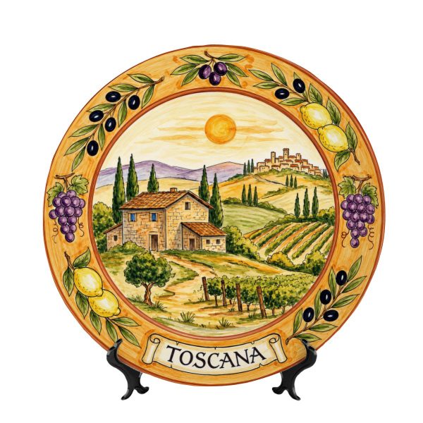 Tuscany Vineyard Landscape Decorative Ceramic Display Plate Lemon Grape Olive Motif Decor