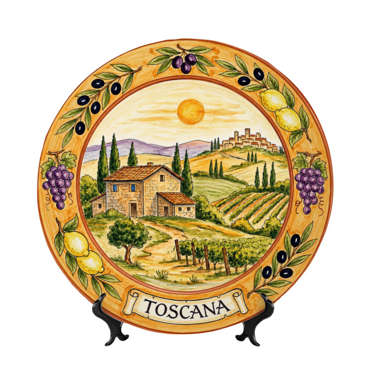 Tuscany Vineyard Landscape Decorative Ceramic Display Plate Lemon Grape Olive Motif Decor