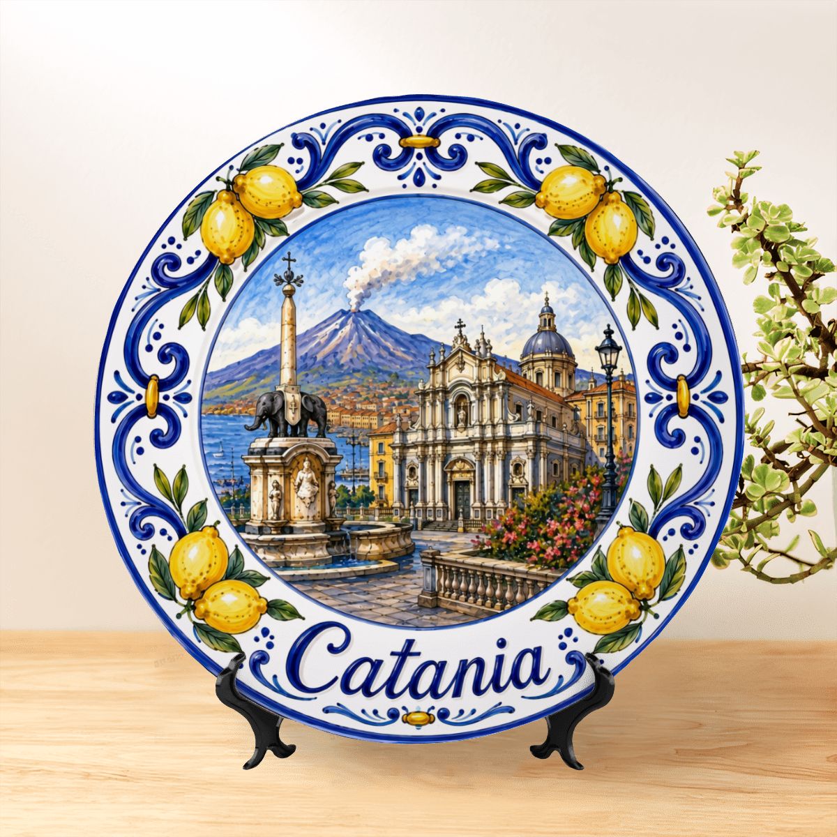Catania Sicilia Italy Display Plate | Mediterranean Lemon Border Souvenir Decor - Image 3