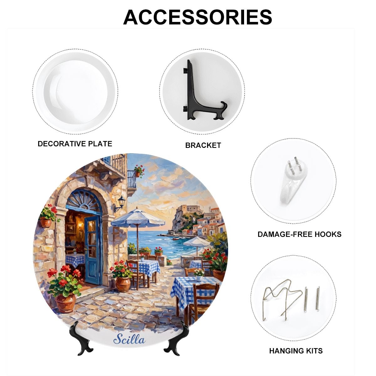 Scilla Coastal Village Display Plate – Mediterranean Café Scene Decorative Collector Plate - Image 15