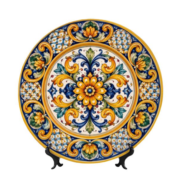 Mediterranean Floral Medallion Display Plate | Blue Gold Ceramic Art (8 or 10 inch)