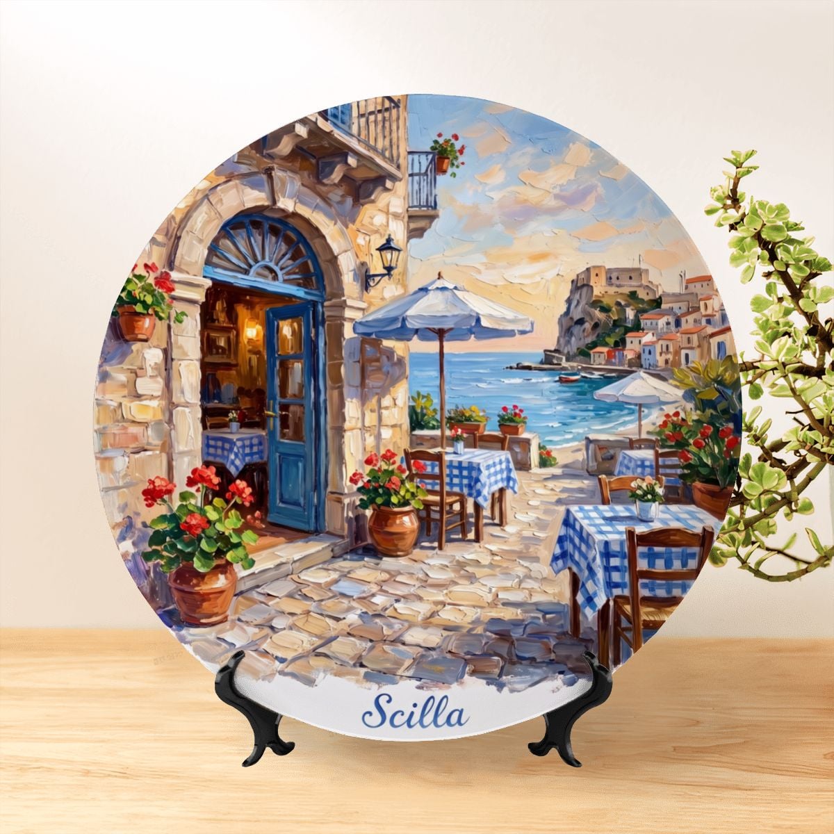Scilla Coastal Village Display Plate – Mediterranean Café Scene Decorative Collector Plate - Image 2