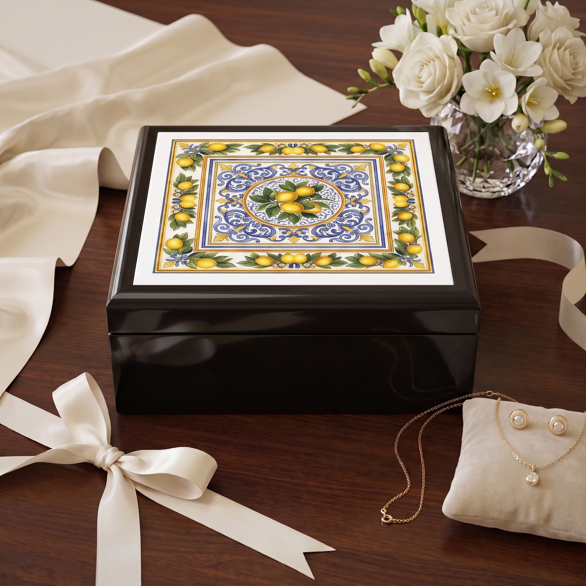Amalfi Lemon Ceramic Top Jewelry Box Inspired By Coastal Italian Folk Art Keepsake Case - Image 6