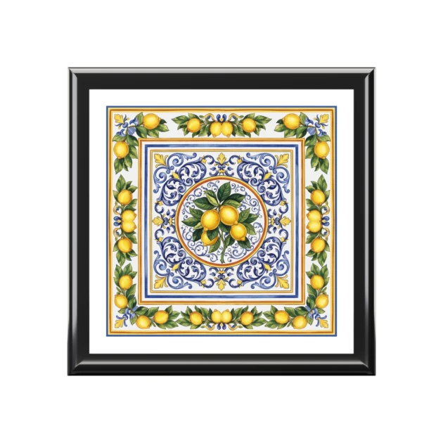Amalfi Lemon Ceramic Top Jewelry Box Inspired By Coastal Italian Folk Art Keepsake Case