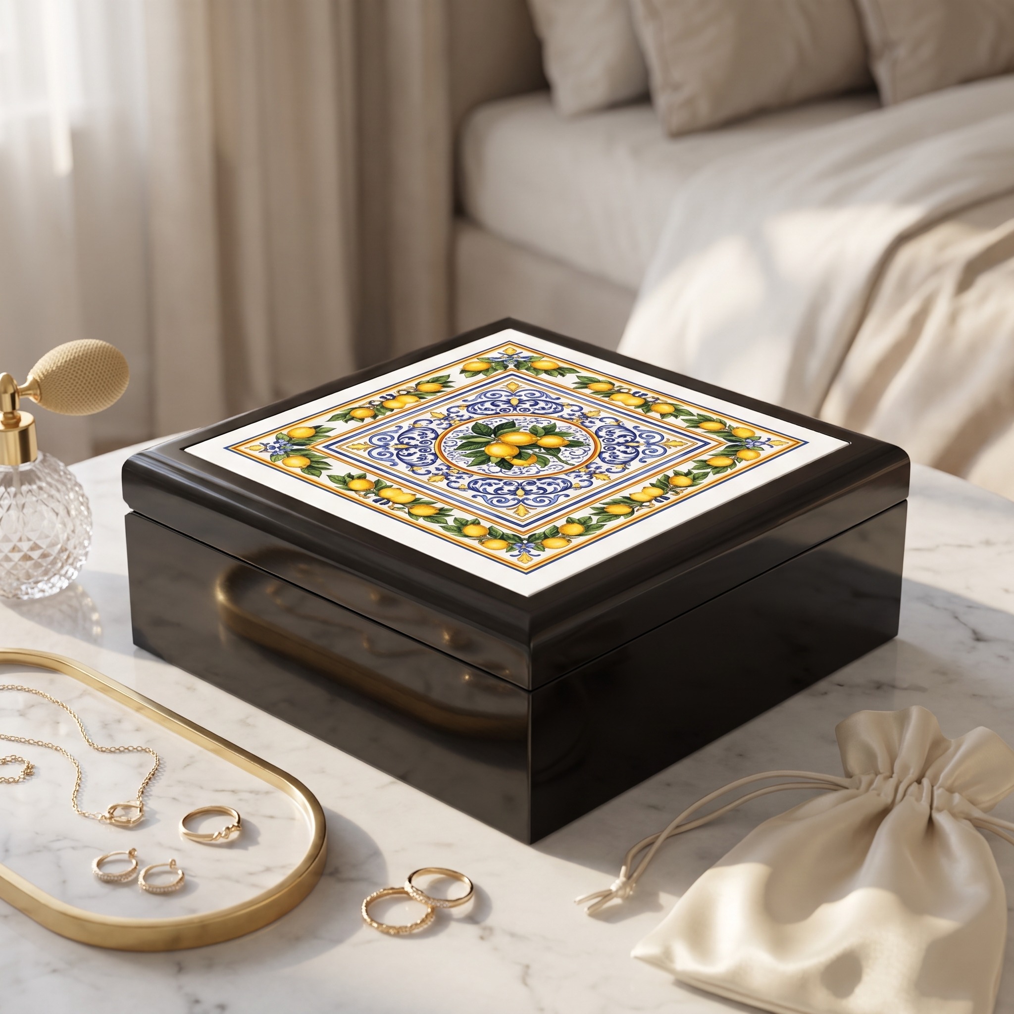 Amalfi Lemon Ceramic Top Jewelry Box Inspired By Coastal Italian Folk Art Keepsake Case - Image 4