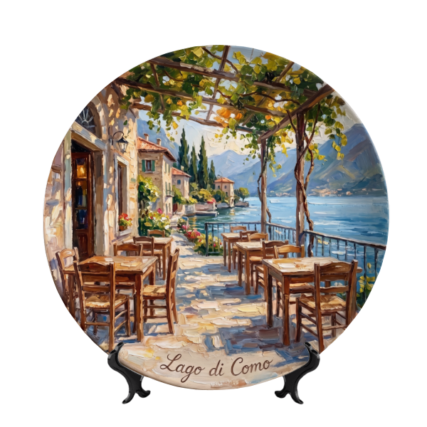 Lake Como Inspired Ceramic Display Plate, Italian Lake Scenery, Hand-Crafted Style Art, Wall Decor