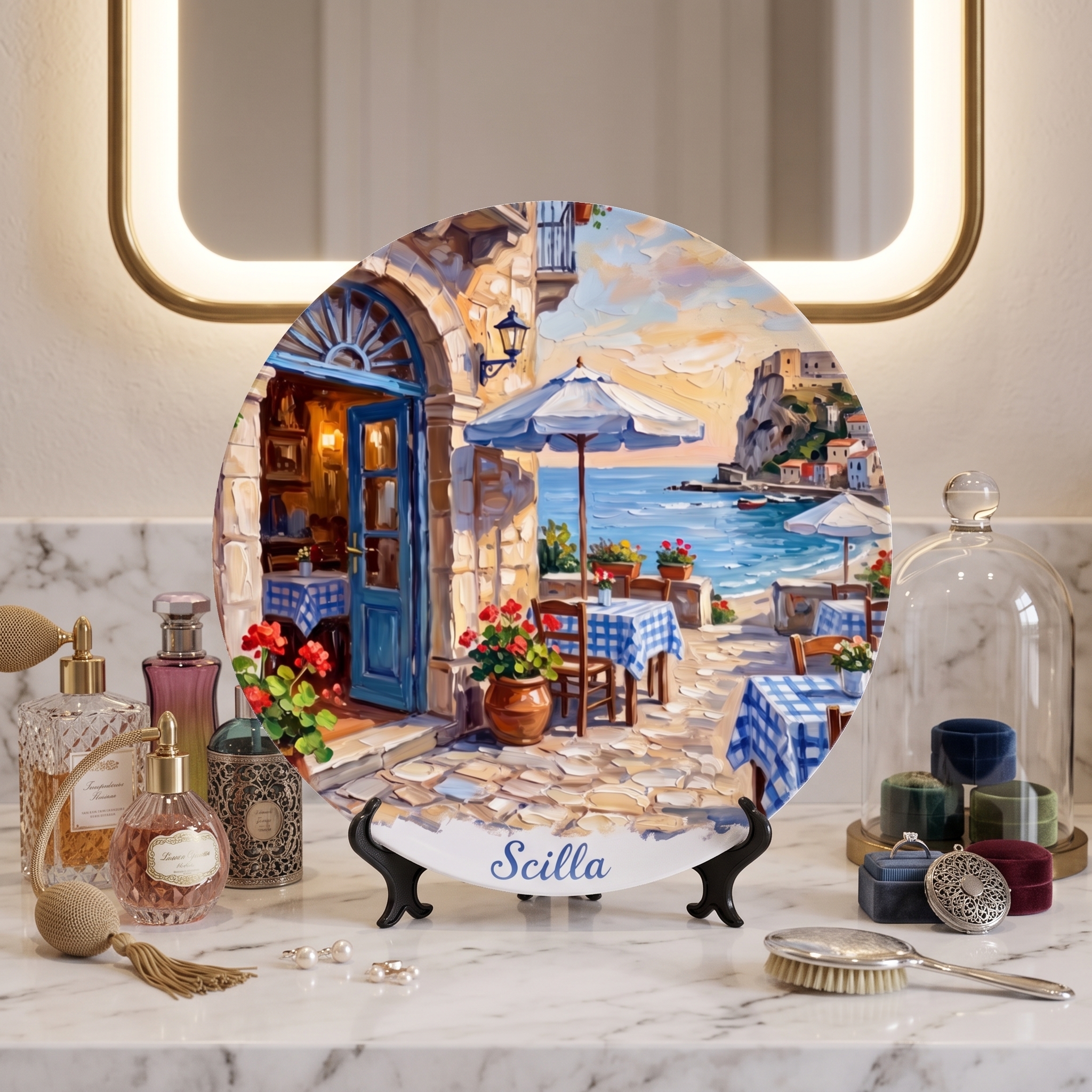 Scilla Coastal Village Display Plate – Mediterranean Café Scene Decorative Collector Plate - Image 3