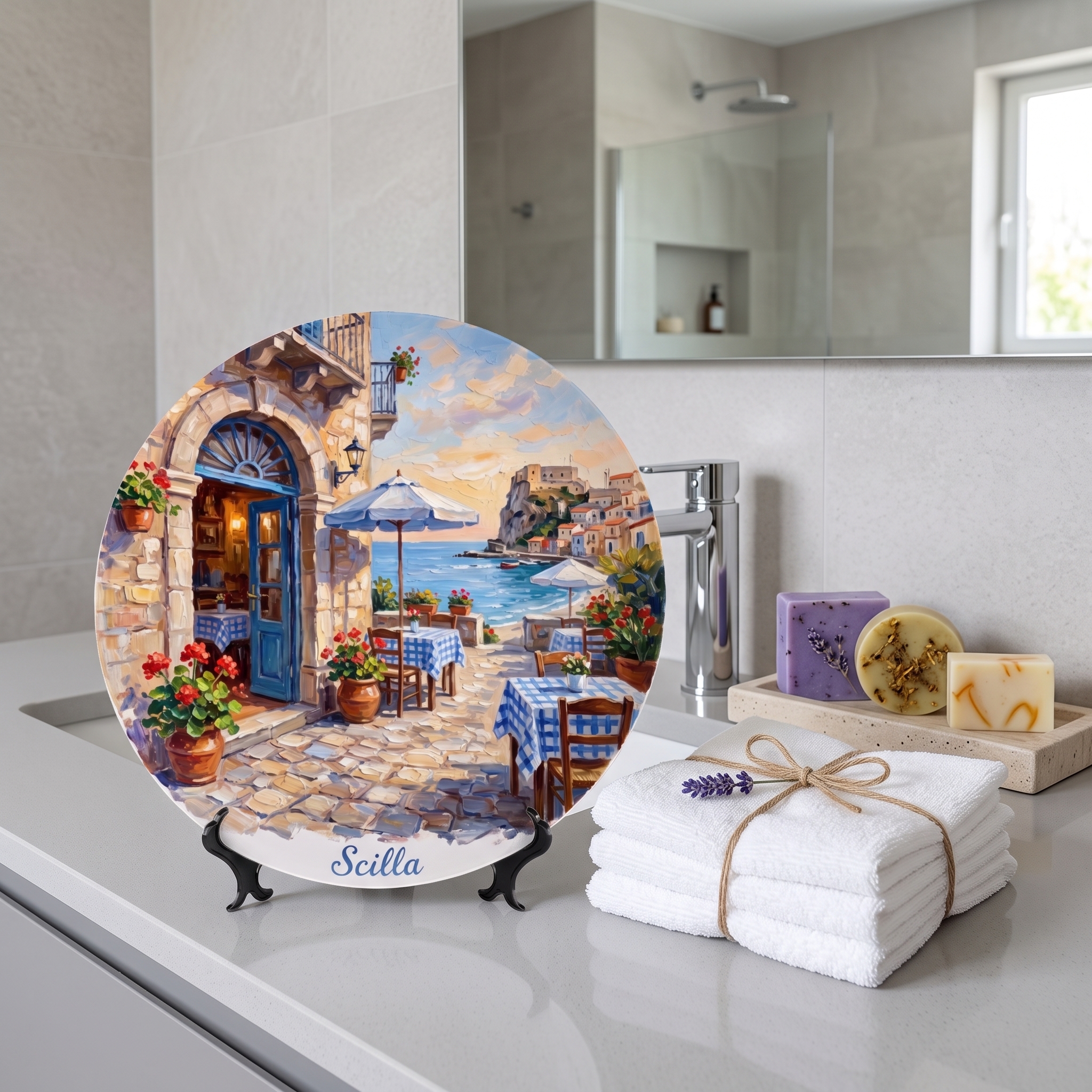 Scilla Coastal Village Display Plate – Mediterranean Café Scene Decorative Collector Plate - Image 11