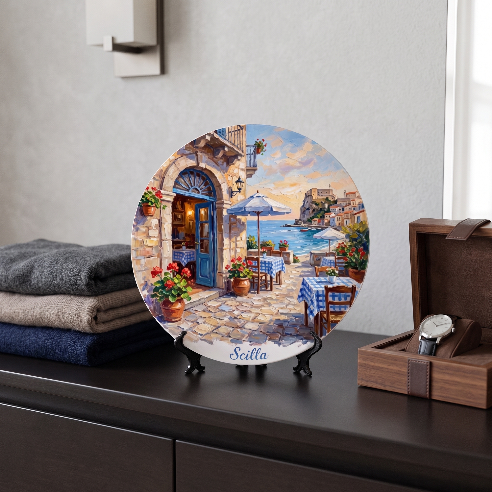 Scilla Coastal Village Display Plate – Mediterranean Café Scene Decorative Collector Plate - Image 12
