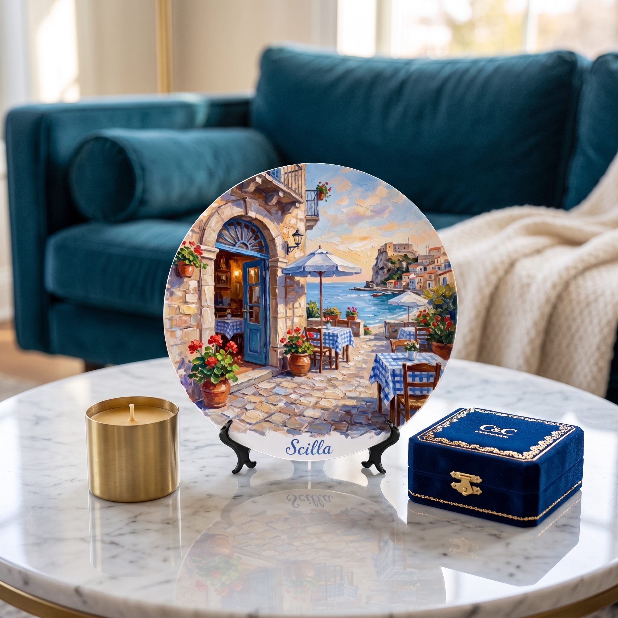 Scilla Coastal Village Display Plate – Mediterranean Café Scene Decorative Collector Plate - Image 4