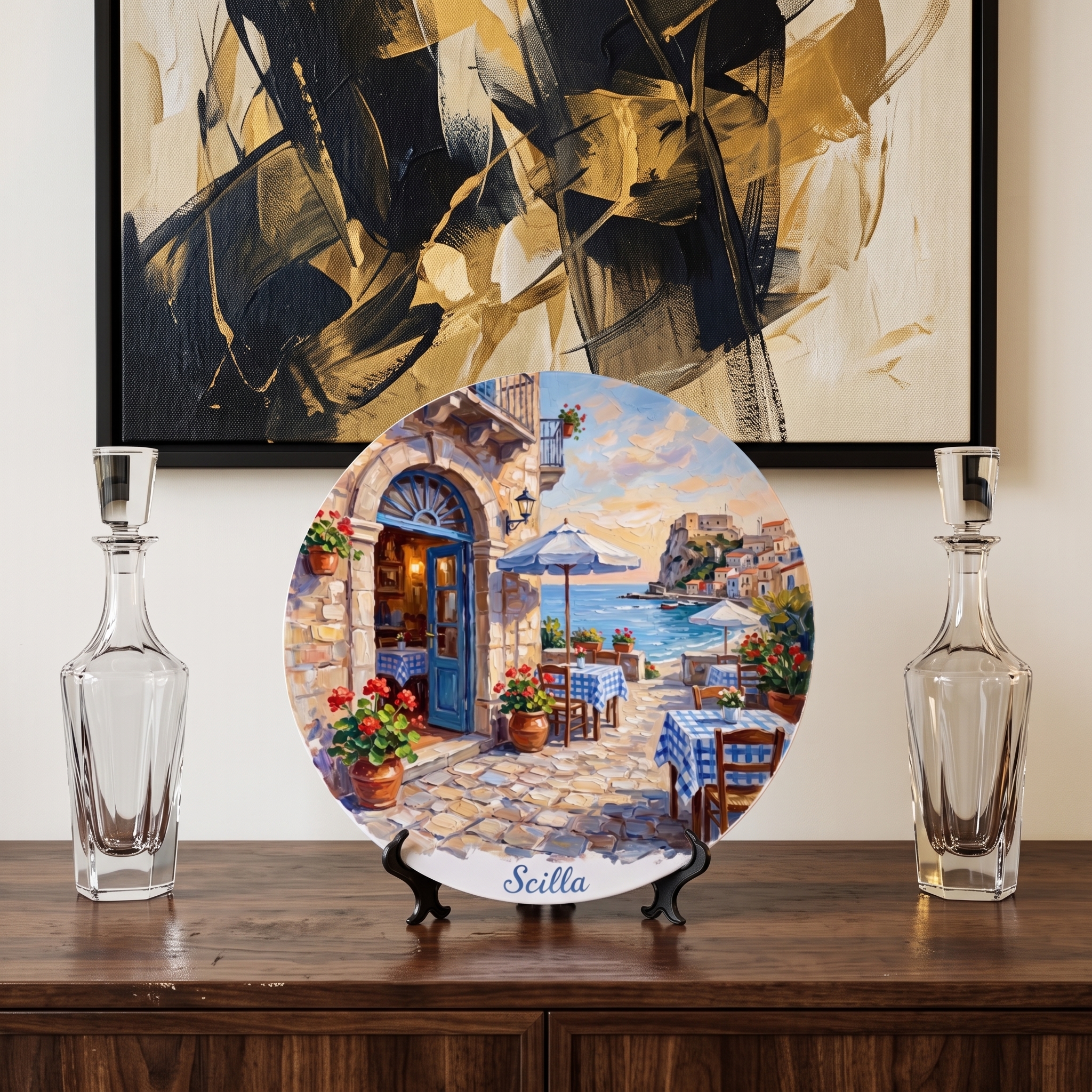 Scilla Coastal Village Display Plate – Mediterranean Café Scene Decorative Collector Plate - Image 7