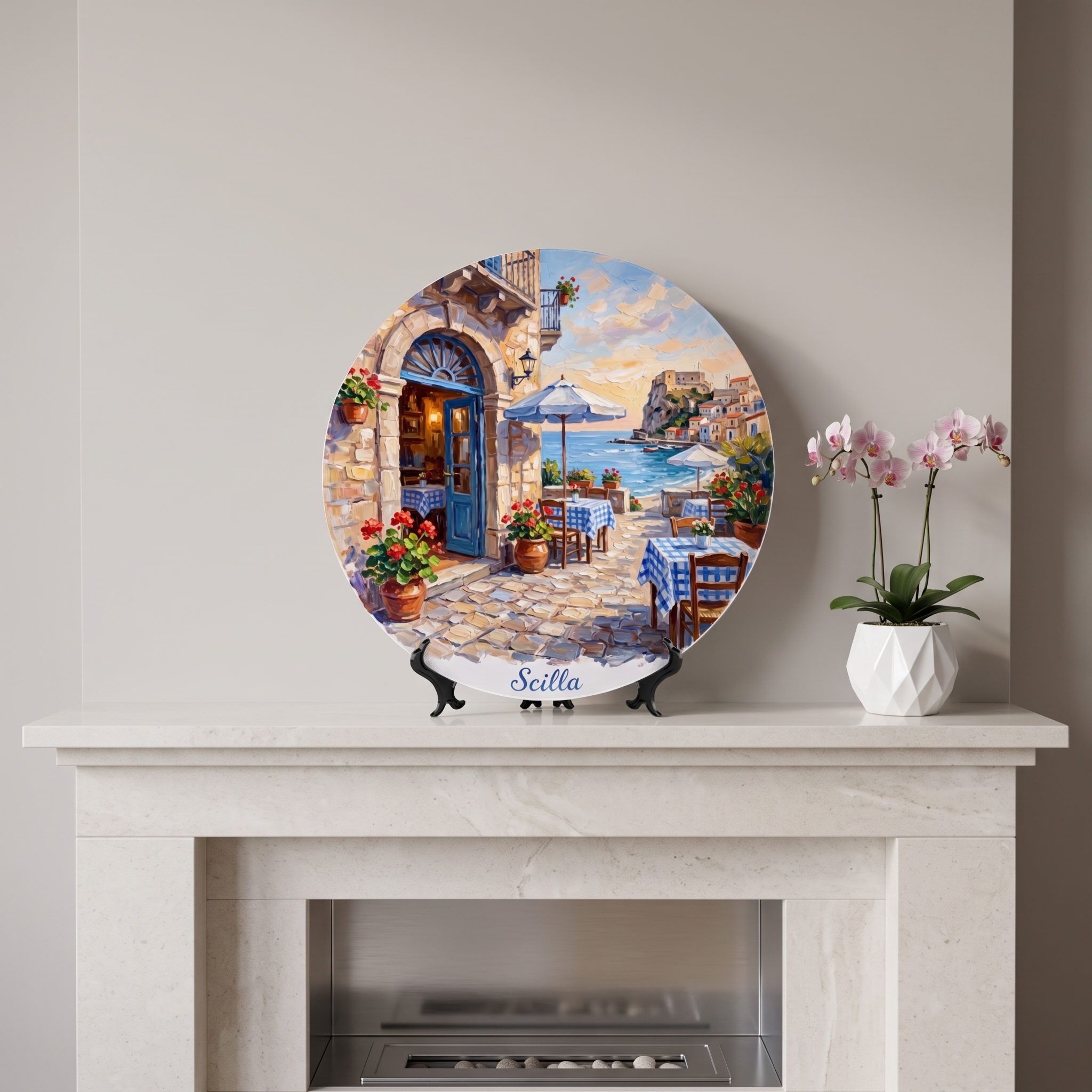 Scilla Coastal Village Display Plate – Mediterranean Café Scene Decorative Collector Plate - Image 8