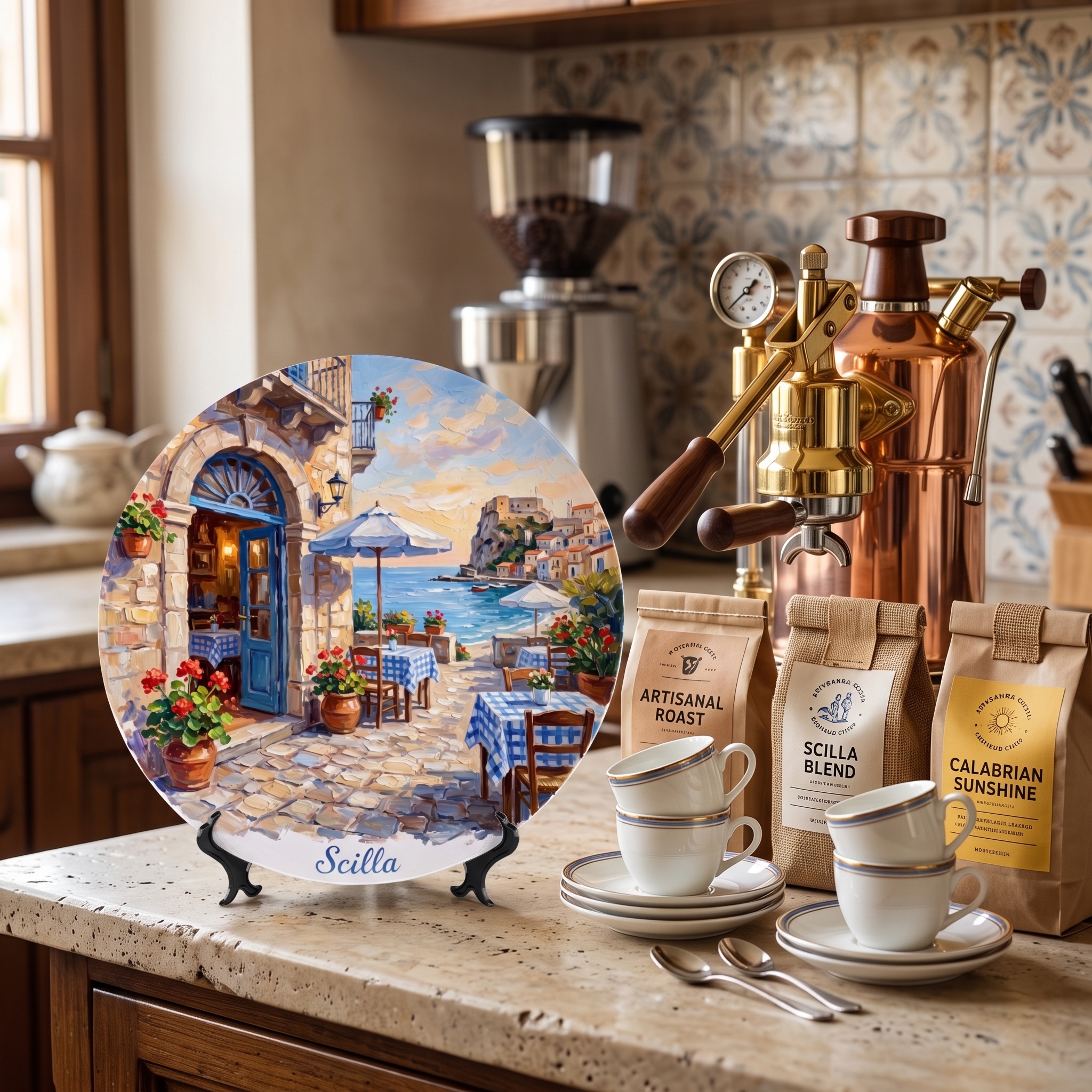 Scilla Coastal Village Display Plate – Mediterranean Café Scene Decorative Collector Plate - Image 9