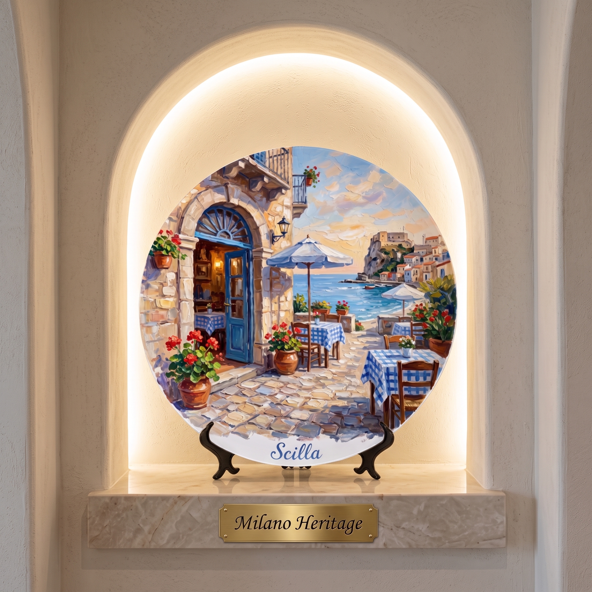 Scilla Coastal Village Display Plate – Mediterranean Café Scene Decorative Collector Plate - Image 10