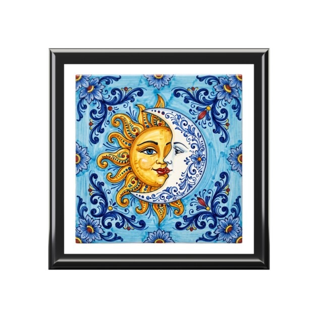 Celestial Sun And Moon Keepsake Box Inspired By Mediterranean Majolica Ceramic Tile Aesthetic