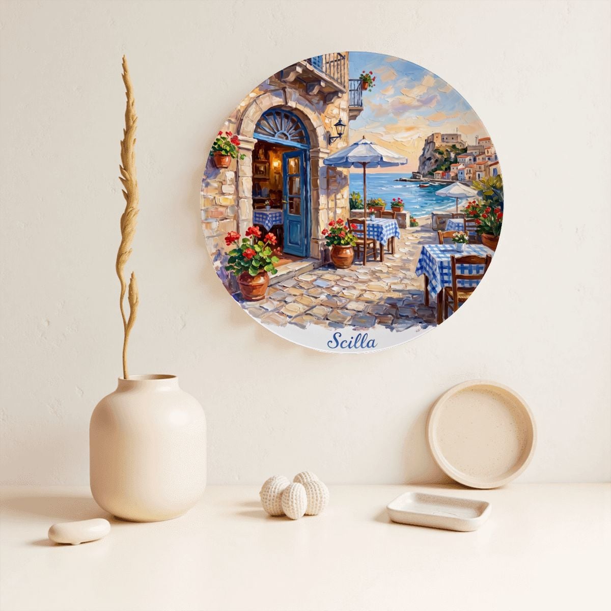 Scilla Coastal Village Display Plate – Mediterranean Café Scene Decorative Collector Plate - Image 13