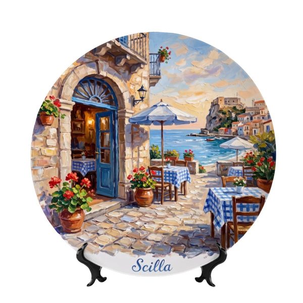 Scilla Coastal Village Display Plate – Mediterranean Café Scene Decorative Collector Plate