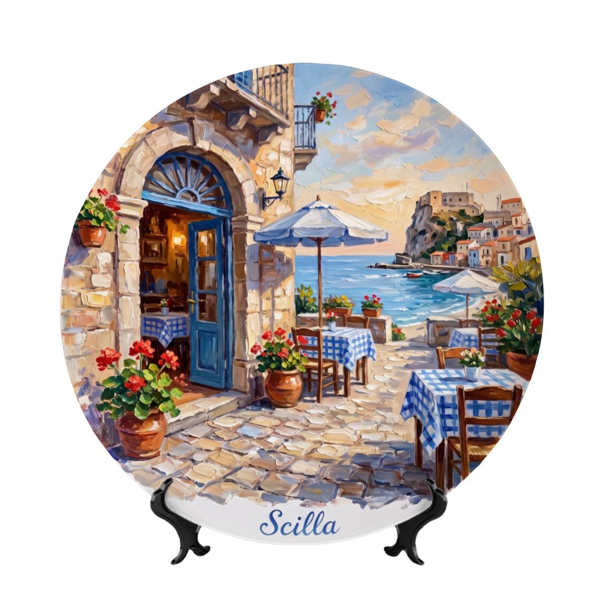 Scilla Coastal Village Display Plate – Mediterranean Café Scene Decorative Collector Plate