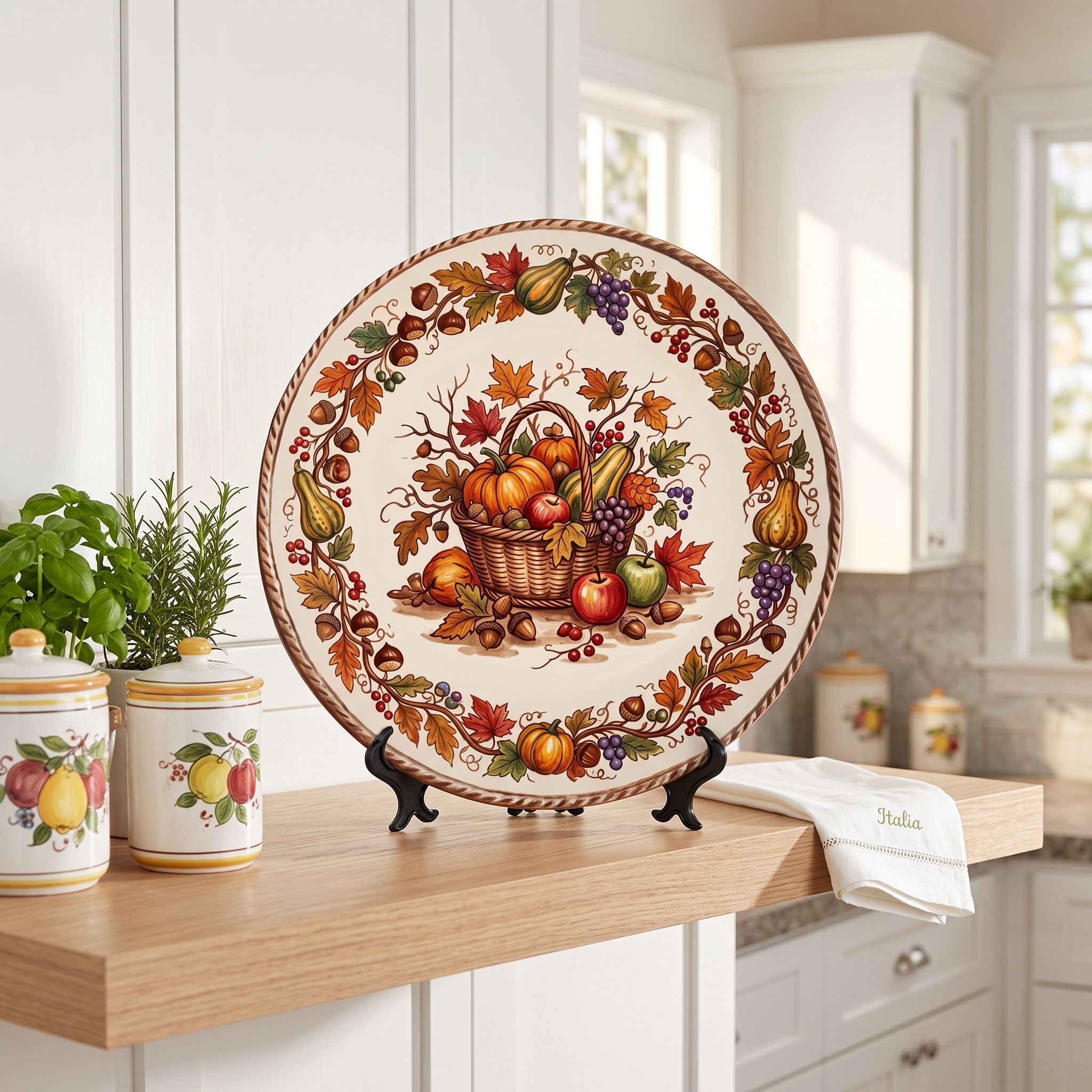 Decorative Plate Tuscan Countryside Ceramic Display Plate Featuring Fruit Basket Motif - Image 3