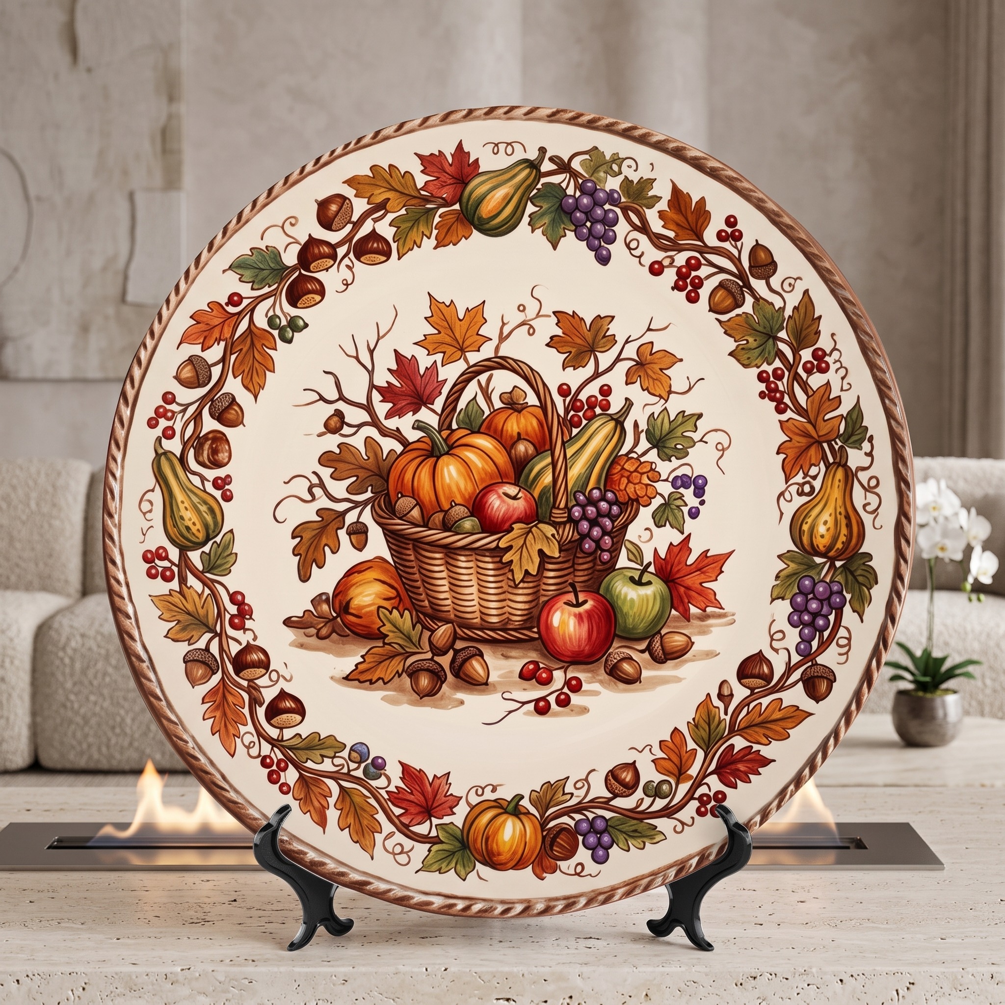 Decorative Plate Tuscan Countryside Ceramic Display Plate Featuring Fruit Basket Motif - Image 12