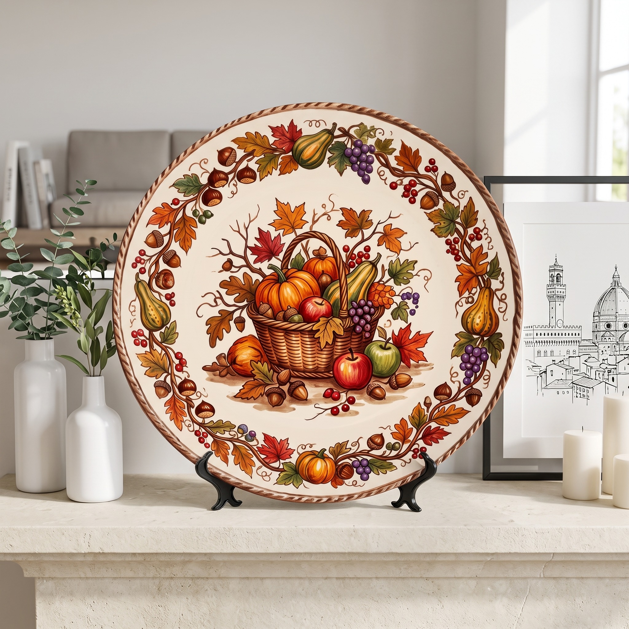 Decorative Plate Tuscan Countryside Ceramic Display Plate Featuring Fruit Basket Motif - Image 6
