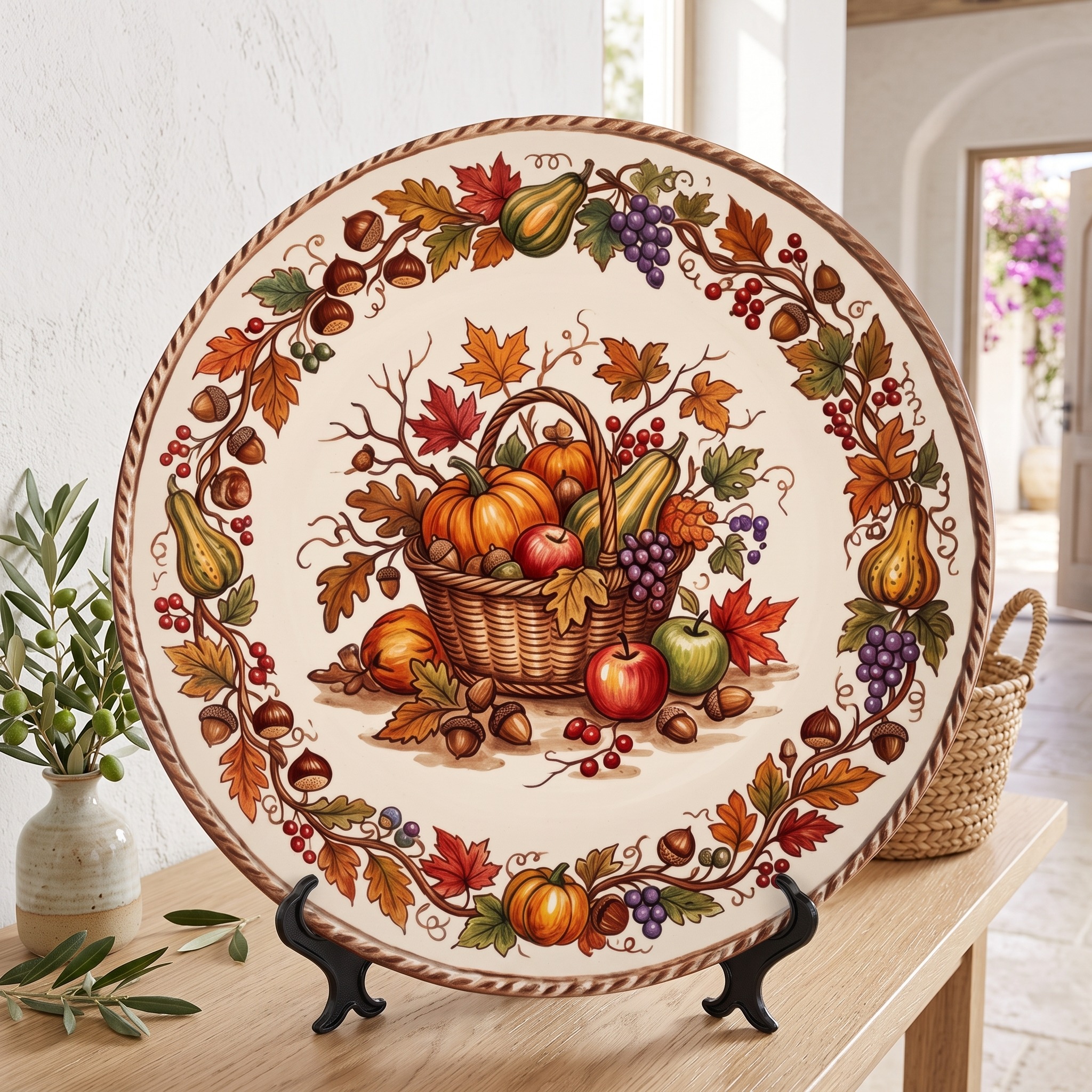 Decorative Plate Tuscan Countryside Ceramic Display Plate Featuring Fruit Basket Motif - Image 7