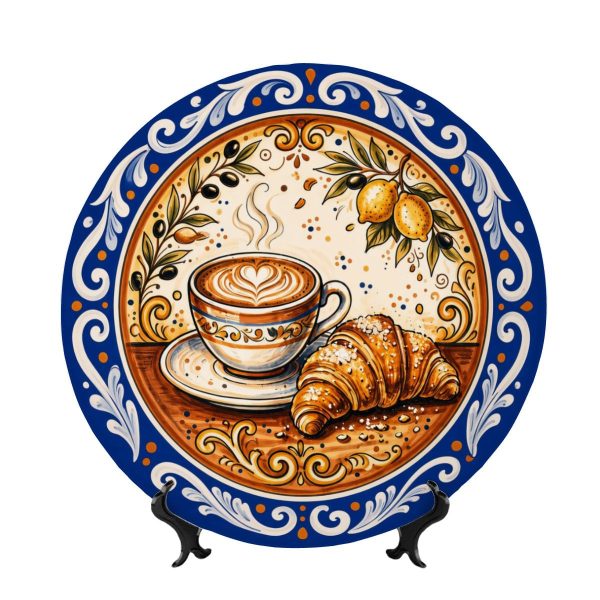 Decorative Plate Morning Coffee Cappuccino Croissant Decorative Display Plate Italian Style Kitchen Platter Decor
