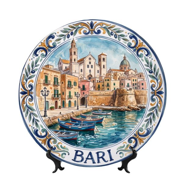 Bari Italy Travel Keepsake Plate, Decorative Harbor with Church, Coastal Tabletop Decor