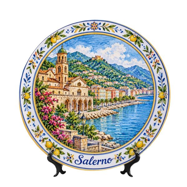 Salerno Italy Decorative Display Plate, Mediterranean Coastal Wall Hanging Decor, Lemon Border Scenic Art Souvenir Plate