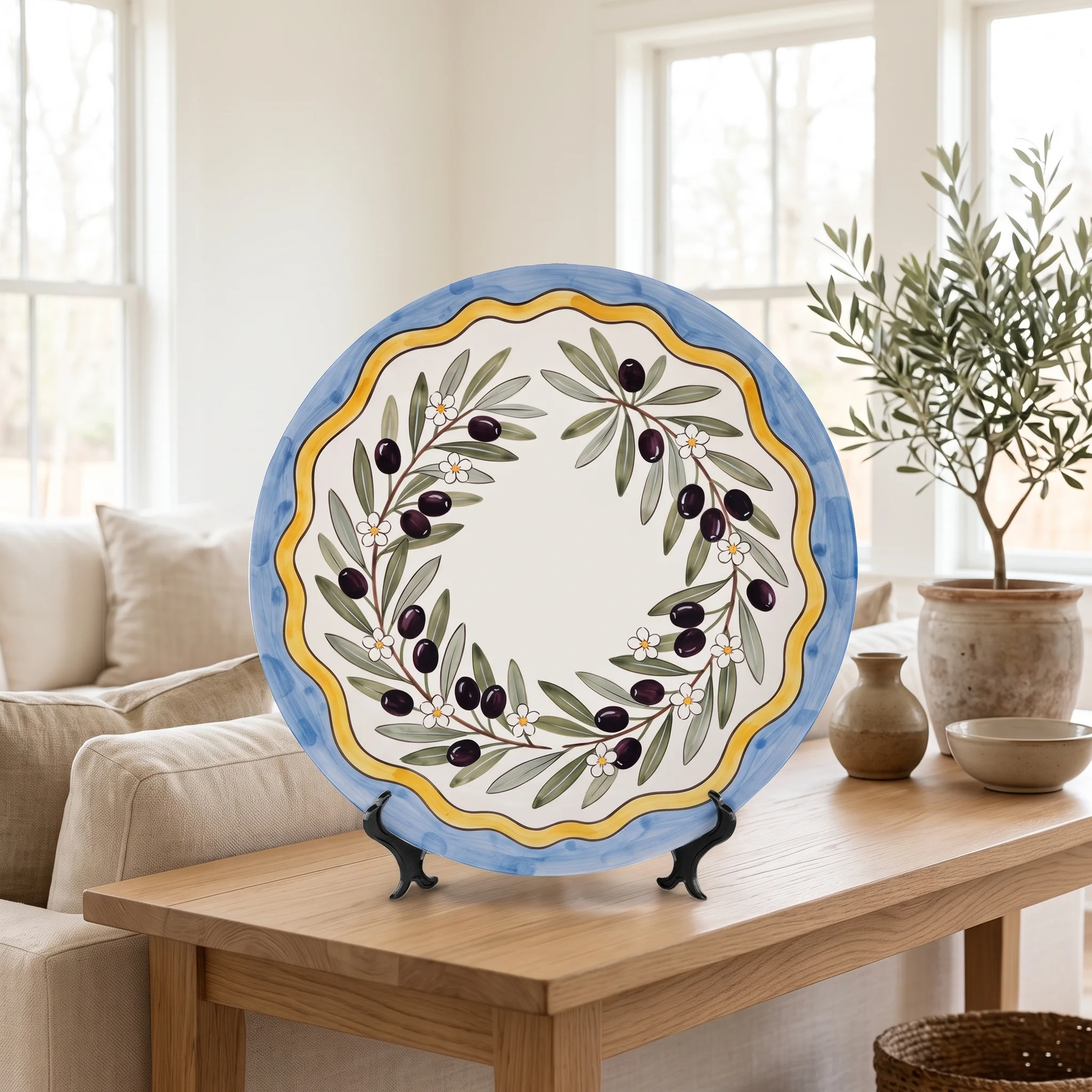 Olive Branch Decorative Display Plate Italian Countryside Aesthetic Tabletop Centerpiece Home Accent - Image 3