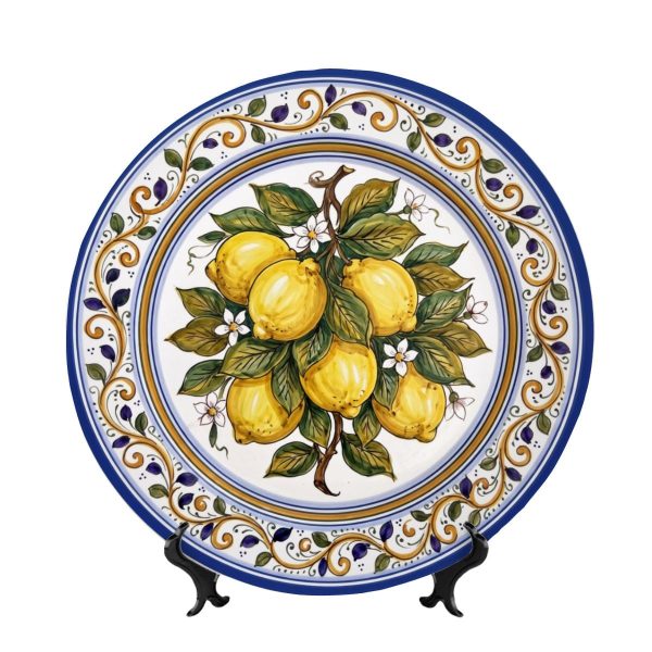 Mediterranean Lemon Branch Decorative Display Plate Blue Scroll Border Home Accent Table Decor Centerpiece