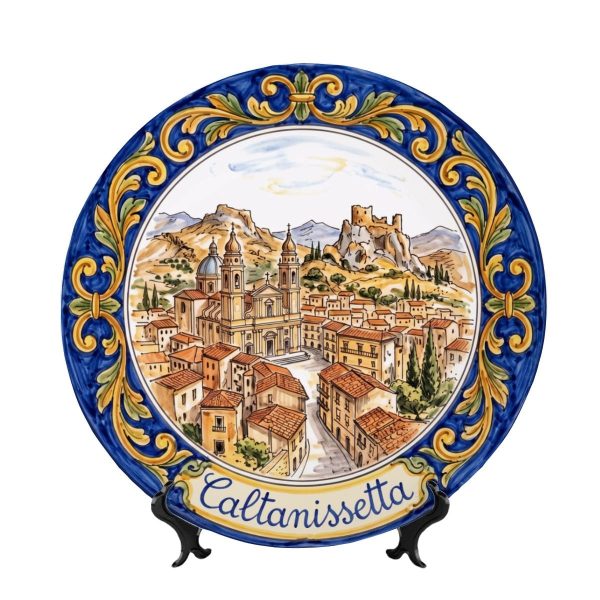 Decorative Plate Featuring Caltanissetta Italy Townscape - Cobalt Blue Scrollwork Border